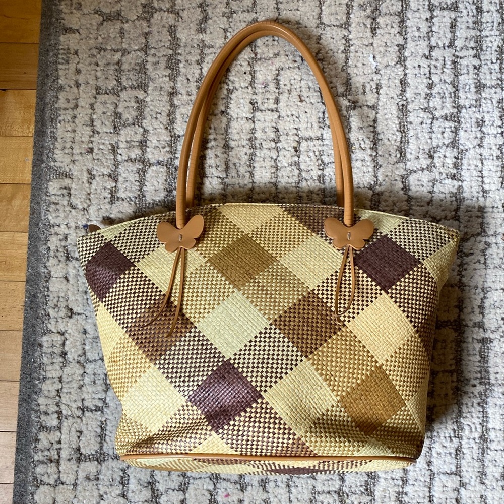 Etienne Aigner Woven Paper Straw Handbag with Vegan Leather Handles